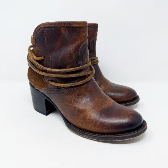 Freebird Brown Leather & Suede Casey Ankle Booties Sz 7 Made in Mexico Ankle Tie - Picture 1 of 10